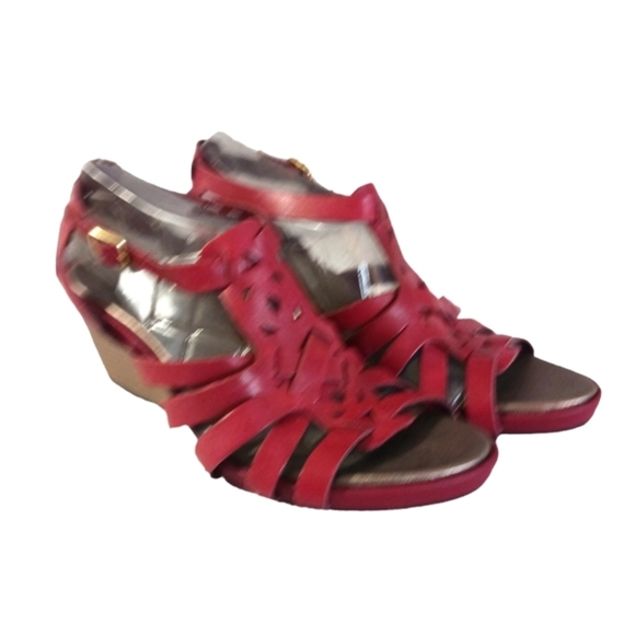 Clarks Bendables Red Gladiator Sandals Wedge Heel Strappy Sandal - Picture 7 of 12